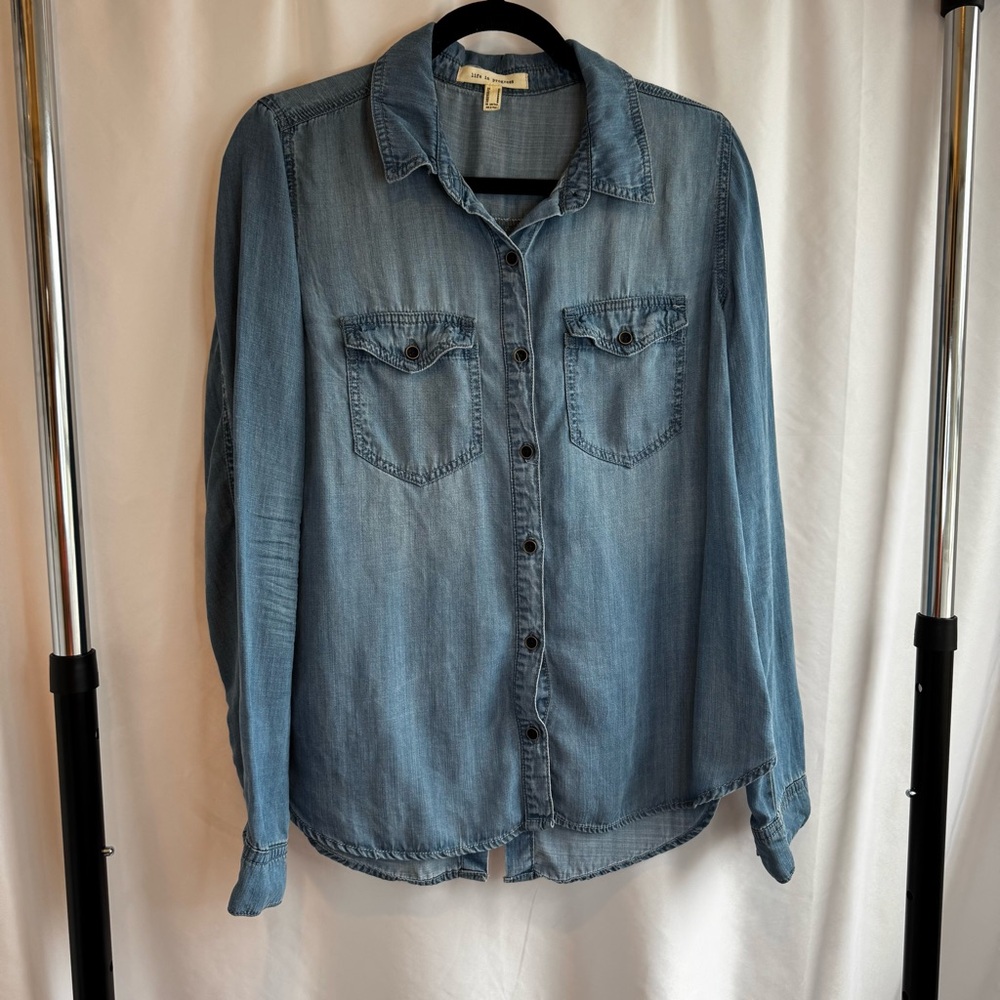 Life in Progress Forever 21 Chambray Denim Shirt Split Back Button Up